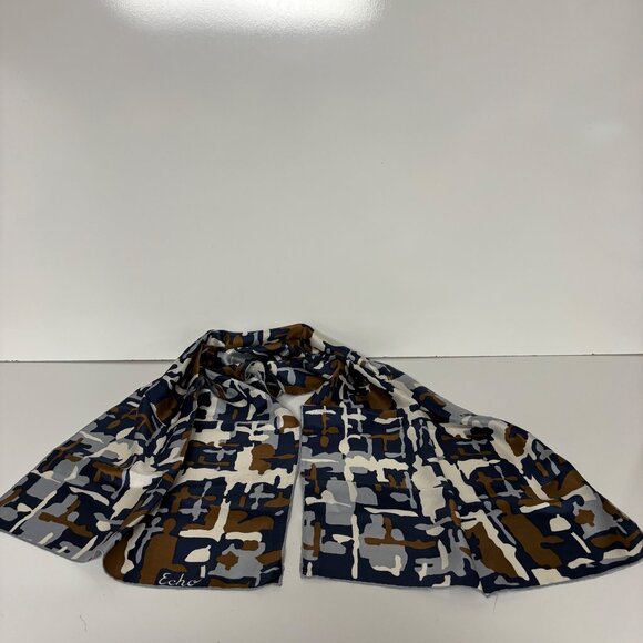 Echo Silk Scarf Abstract Blue Brown White Rectangle Vintage Modernist Classy - Picture 6 of 6